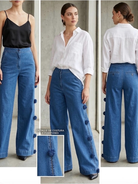 Hope for Flowers Denim - Hope for Flowers by Tracy Reese Blue Denim Wide-Leg Jeans with Side Pompons